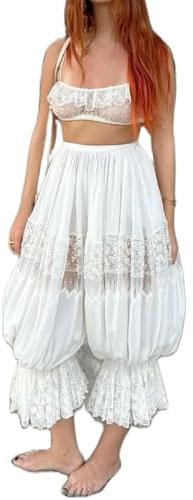 Women Retro Pajama Bottoms Solid Color High Waist Hollow Out Lace Floral Bloomer Pants Ruffle Sheer Slip Pants (WHITE, M)