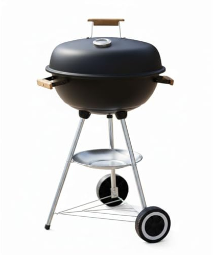 Barbacoa Redonda de Carbón, 46x90 cm, Portátil, Color Negro, con Parrilla de Acero y Estante Inferior para Jardín y Camping con Ruedas