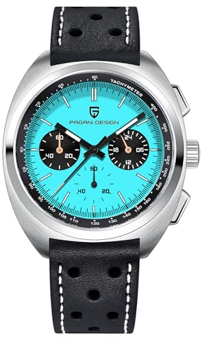 TYBERLEY Orologio al quarzo vintage da uomo Movimento VK63 Cinturino in pelle Acciaio inossidabile impermeabile Cronografo analogico multifunzione PD1782 (Pelle azzurra)