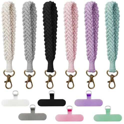 HINGTAI Lot de 6 dragonnes pour téléphone portable, style bohème en macramé, 6 couleurs avec languette, chaîne anti-perte faite main pour homme et femme