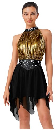 Oyolan Femme Robe Danse Latine Salsa Rumba Cha Cha Strass sans Manches Justaucorps Patinage Artistique Gymnastique Tenue Compétition Spectacle Noir S