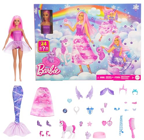 Barbie-Adventskalender 2025 mit Puppe - Barbie Fantasy-Weihnachtskalender mit 24 Überraschungen für Mädchen - Mode-Puppe als Fee, Meerjungfrau und Prinzessin mit Einhorn