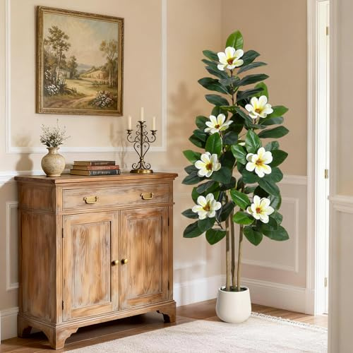Fiddle Leaf Fig Tree 5FT Tall Artificial Plant, Large Fake Tree in White Planter, Faux Rubber Tree Fake Floor Plant with Magnolia Flowers - Artificial Tree for Home Office Living Room Decor, White