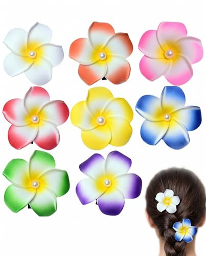 HAPZUR 8 Pinzas de Pelo Flor Hawaianas con Perlas, Estilos Variados para Mujer, Accesorios para Fiesta, Playa, Boda y Verano