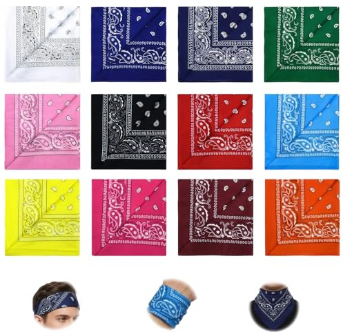 Bandana for Men, 12-Pack Paisley Bandanas for Women and Men 54x54 cm Square Scarf, Versatile Headband and Neckerchief for Motorcycling and Western Fashion