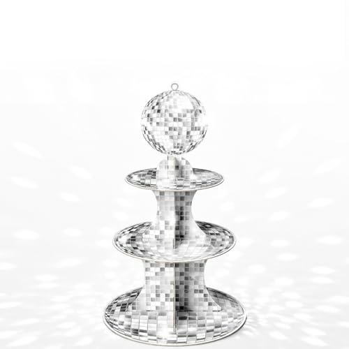 Tapufitil Disco Cupcake Supporto Decorativo A 3 Livelli Argento Glitter Sfera da Discoteca Cartone Porta Dolci per Festa A Tema Discoteca Compleanno Decorazioni Baby Show