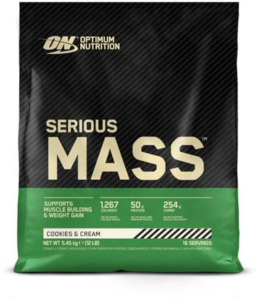 Optimum Nutrition Serious Mass Protein Powder High Calorie Mass Gainer with Vitamins, Creatine and Glutamine, Cookies and Cream, 16 Servings, 5.45 kg, Packaging May Vary