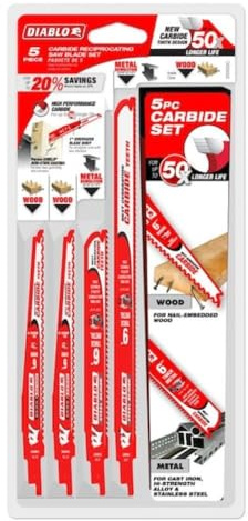 Diablo Steel Demon/Demo Demon Reciprocating Saw Blade Set, Cuts Nail-Embedded Wood & Thick Metal - Carbide Teeth, 6/9 Lengths, 5-Pieces Blade Variety Pack - DS005SC