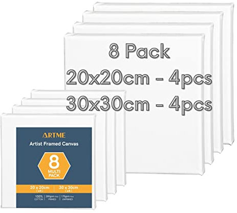Artme Keilrahmen 8 Stk (20x20CM-4pk, 30x30CM-4pk) Künstler gerahmte 1,7 cm/ 280GSM / 100% Baumwolle/dreifach grundiert/säurefrei/mittelkörnig - Acryl/Öl