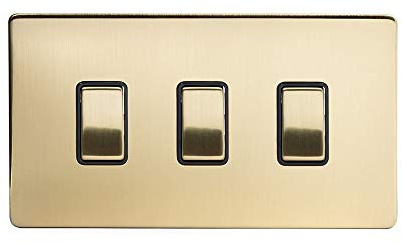 Soho Lighting Brushed Brass Gold 3 Gang Light Switch Double Plate Blk Ins Screwless