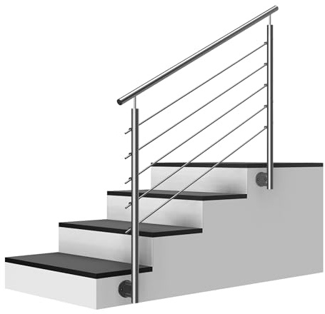 Edelstahl Treppengeländer Seitenmontage, 1m lang, 0,9m hoch, Außengeländer, je 2 Pfosten + 5 Querstreben + Handlauf mit Trägerplatten + Zubehör, Winkelverstellbar (L:1000mm H:900mm)