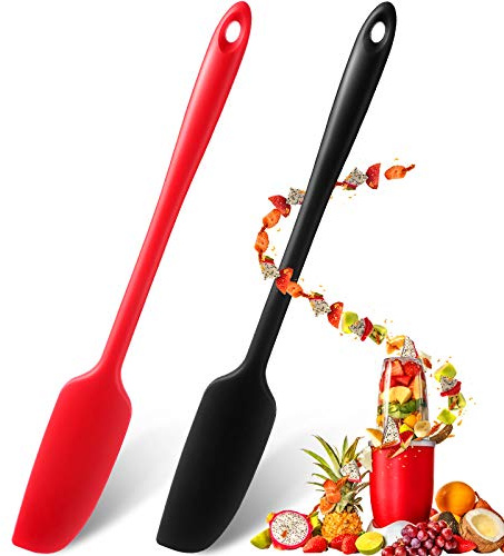 Patelai 2 Pieces Silicone Jar Spatula Long Handle Non-stick Rubber Scraper Heat Resistant Spatula Silicone Scraper for Jars, Smoothies, Blenders Cooking Baking Stirring Mixing Tools (Red,Black)