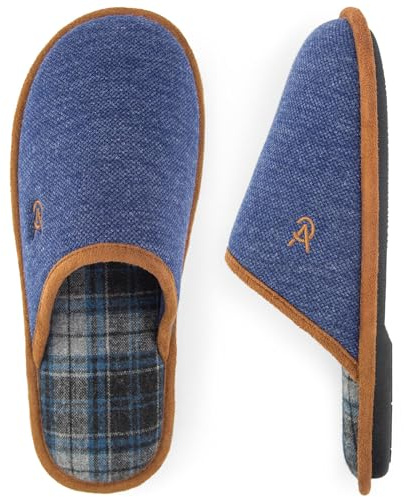 VeraCosy Men's Knitted Scottish Slippers with Soft Memory Foam Non Slip Indoor Rubber Sole Navy Blue, 12/13 UK