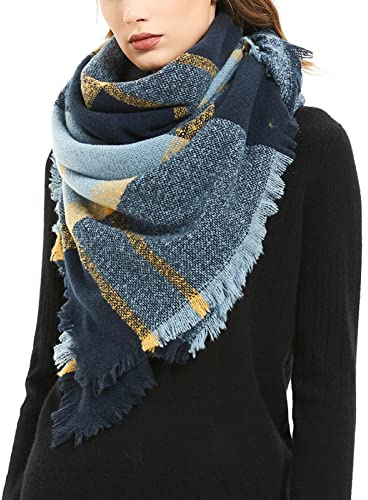 Aodafei Echarpe Femme Hiver Plaid Multicolore Grande Echarpes à Carré Châle Femme Jaune Bleu Foncé xxl