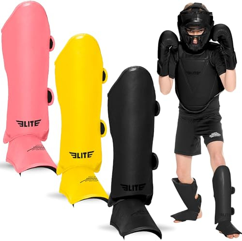 Elite Sports Muay Thai MMA Kickboxing Boys and Girls Shin Guards for Age 4 to 8 Years, Instep Guard Sparring Protective Leg Shin Kick Pads for Kids (Medium, Black)