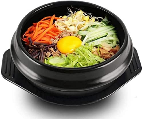JUNYFFF Corea Bibimbap Olla De Piedra Cuenco De Barro De Gran Tamaño Olla De Piedra Bibimbap Cocina + Bandeja + Cuenco De Arroz Cazuela Resistente A Altas Temperaturas,Negro,800ML
