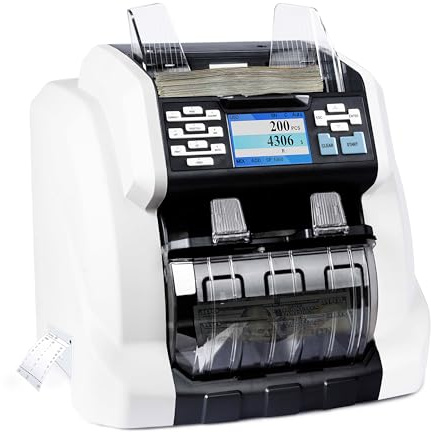 Ribao BCS-160 Two-Pocket Mixed Denomination Money Counter, Built-in Printer, UV/MG/MT/IR/CIS Bank Grade Counterfeit Detection Serial Number Record Cash Bill Sorter