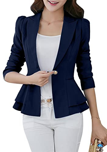 EFOFEI Eleganter Business-Arbeitsanzug für Damen, ausgestellt, schmale Passform, Blazer, Laternenärmel, Anzug, geschichteter Rock, Anzug, bauchfreier Rüschen, Taillen-Blazer, Navy Blue, 44
