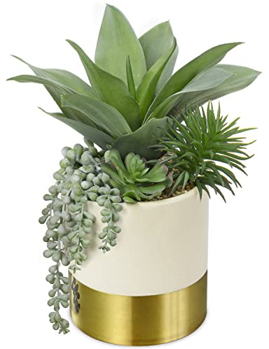 Hollyone 30CM Artificial Succulent Plants, 12 Fake Maguey with Succulents in Gold Ceramic Pot, Decorative Faux Plant Potted Indoor for Home Decor, Living Room, Shelf, Table, Desk, Office Decorations