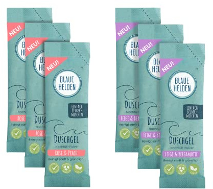 Blaue Helden 6er Duschgel Nachfüll-Pulver Mix für 1,8l Duschgel (3x Rose & Peach, 3x Feige & Bergamotte) | Vegan | Biologisch abbaubar| Ohne Mikroplastik