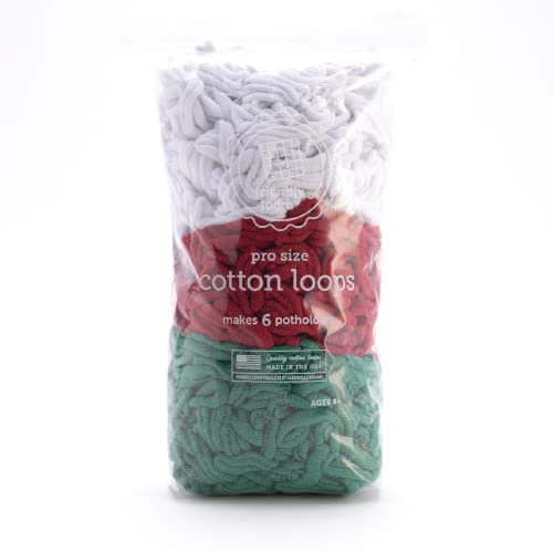 Lotta Loops by Friendly Loom - Bright Holiday Pack (PRO Size) White, Red, Green Cotton Loops Makes 6 Potholders Approx 8 x 8by Harrisville Designs Made in The USA