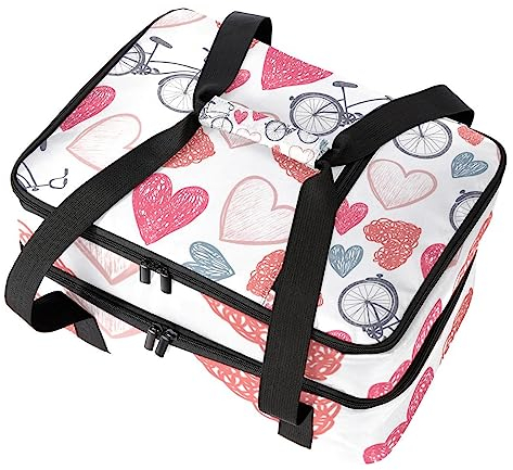 suojapuku Isolierte Tasche,Lunchtasche,doppellagige Kühltasche,rosa Herz und Fahrrad,Wiederverwendbare Lunchbox,auslaufsichere Picknicktasche
