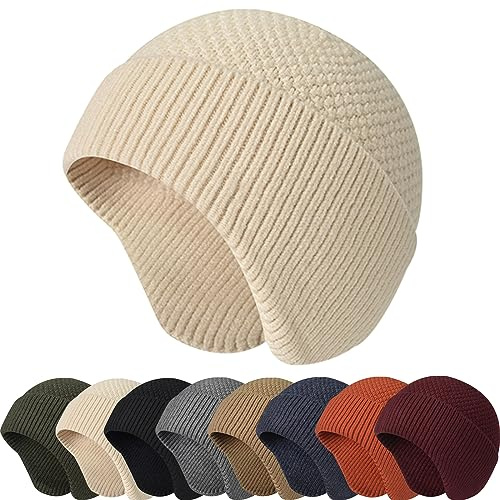 Enwokran Stickad mössa hatt varma vintermössor unisex stretchig vindtät öronlapp stickad skalle keps slouchy med öronvärmare för löpning fiske skidåkning cykling utomhussport, Aprikos, one size