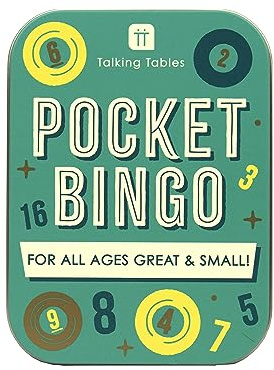 Talking Tables Wiederverwendbares Bingo-Reisespiel im Taschenformat | verpackt in einem stabilen Blechetui, klassisches Spiel mit 48 Blatt und Zahlen und Bleistiften oder Wichtelstrumpffüller