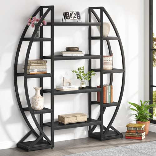 Tribesigns Oval Bookshelf, Triple Wide 5 Tiers Etagere Bookcases, Industrial Display Shelves for Living Room (55, Black)