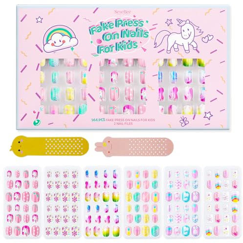 144 Piezas de Uñas Postizas Artificiales Cortas Para Niñas,Sin Decoloración, Estable, Rápido, Con Pegamento Previo, Cubierta Completa, Unicornio Arcoiris Kit de Puntas Acrílicas Para Uñas (Unicornio)