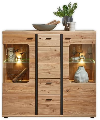 Highboard Altesche massiv Old Artisan Oak Optik 145 x 134 x 38 cm (B/H/T) | Wohnzimmerschrank mit LED-Beleuchtung, 3 Türen, 2 Schubladen, FSC-zertifiziert, Schwarz matte Akzente, Stauraum