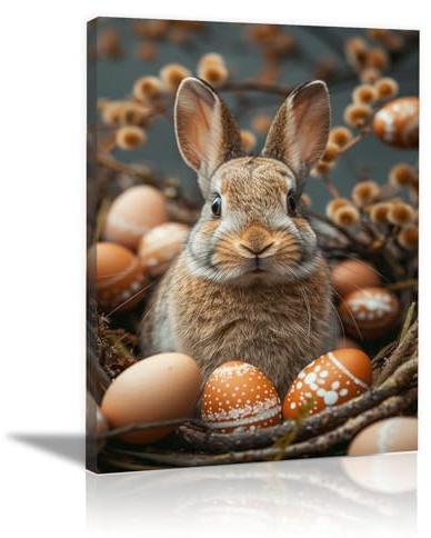 JOSUE Kaninchen Bilder Leinwand Ostern Lustige Tiere Painting Bilder Leinwand,Grau, weiß Bild Wandbilder Wohnzimmer Schlafzimmer Wanddeko-40x60cm Gerahmt
