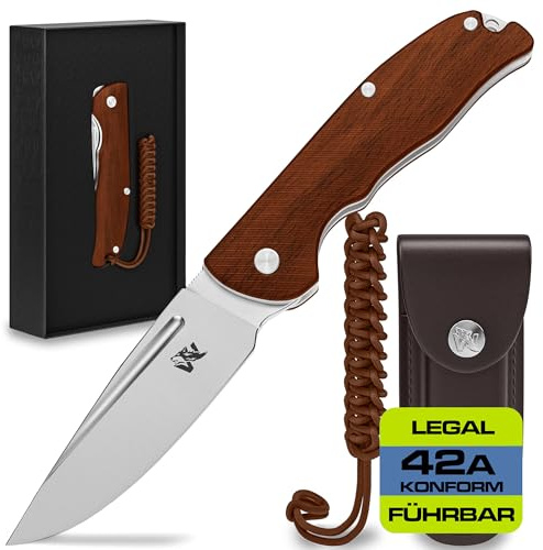 Wolfgangs RAVUS Zweihandmesser aus D2 Stahl und Ebenholz-Griff - Legales Klappmesser für Outdoor und Survival - inkl. Leder Holster