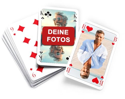 MEINSPIEL - Personalisiertes Doppelkopf-Kartenspiel - Eigene Fotos auf den Karten - Gesellschafts- und Reisespiel - Fotogeschenk für Erwachsene - 48 Spielkarten im klassischen Design - Inkl. Kartenbox