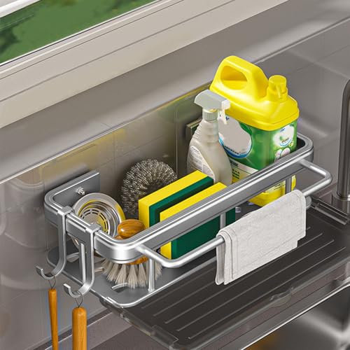 Lxoraziy Organizador Fregadero Cocina, Organizador Cocina Fregadero con Bandeja de Escurrido, con Toallero y Gancho Sin Necesidad de Taladrar, Plata