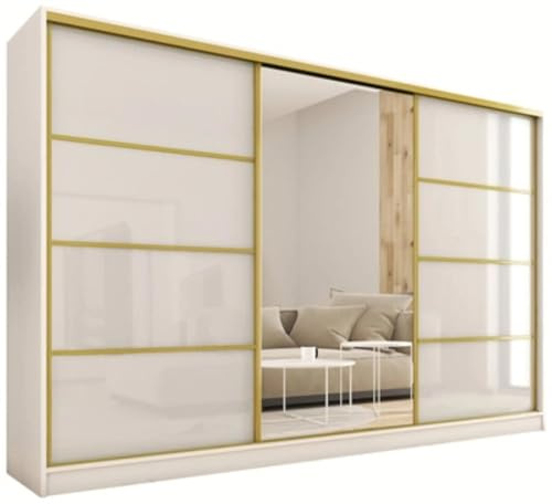 GOLD Gloss - 3 Sliding Doors Wardrobe with Shelves Drawers Mirror White Gloss width 280 CM