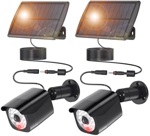 CaalLogt Applique murale solaire d'extérieur avec panneau solaire, caméra factice d'extérieur – 11 LED, rotation à 360° avec détecteur de mouvement, 3 modes d'éclairage, IP65 étanche et câble de