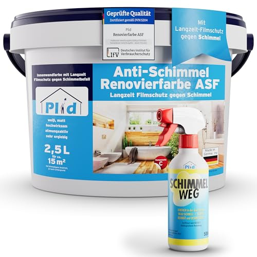 Plid Anti Schimmelfarbe Renovierfarbe Spray-Set Weiß Matt 2,5 l | Anti Schimmel Feuchtraumfarbe | Badezimmer & Küche | inkl. Schimmelspray | Wandfarbe | Hochdeckend | ca. 15 m²