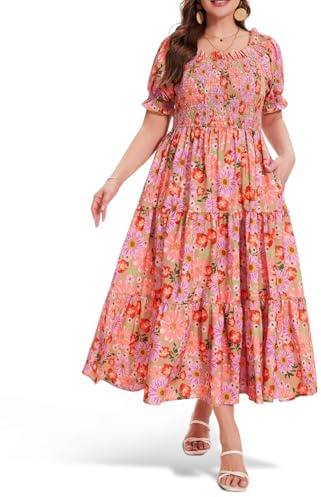 Moon Wood Abito Estivo Lungo Bohemien da Donna con Scollo Tondo, Volant, Pompon e Balze Abito da Spiaggia Leggero ed Elegante Floral 03 XL