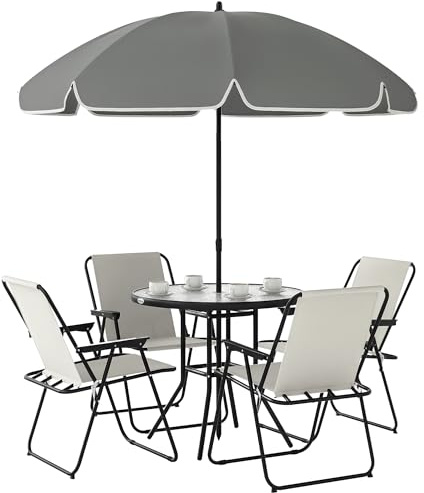 Outsunny Set Tavolo e Sedie da Giardino 6 Pezzi in Acciaio con Ombrellone, Set di Mobili con 4 Sedie Pieghevoli in Textilene e Tavolo Rotondo in Vetro, Set da Esterno per Patio, Terrazzo, Crema