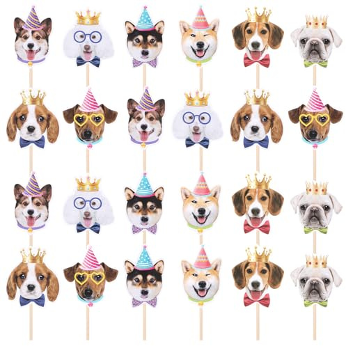 JJUNW 24 stycken hundar cupcake-toppar, hund valpansikten muffin dekoration djur tårtdekorationer för hundar valpar motto party barns födelsedag fest dekorationer