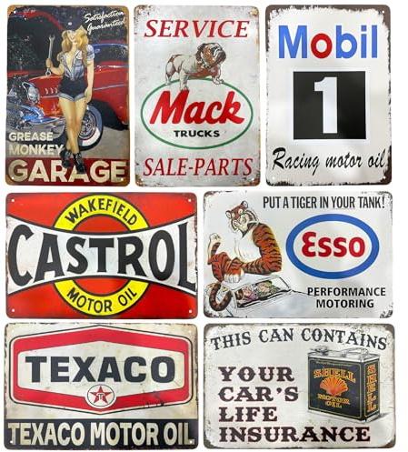 SPORWAY Lot de 7 plaques 20 x 30 cm Plaque rétro Décoration vintage Poster de voiture Huile moteur Magasin d'huile moteur Décoration murale