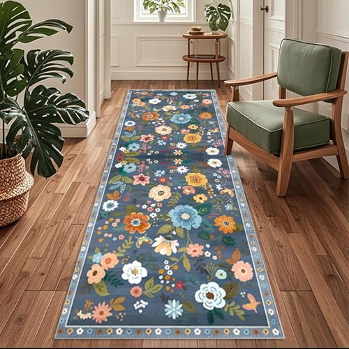 Siunwdiy Flurläufer Lang 50x180cm Blumenmuster - Teppichläufer rutschfest, Flurteppich，Küchenteppich Waschbar Blau Küchenläufer für Küche, Korridor, Schlafzimmer, Eingang, Büro, Wohnzimmer