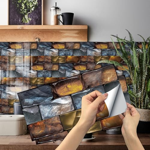AMOYUN 12 Pezzi Adesivi per Piastrelle, Piastrelle Adesive Cucina Retro Piastrelle Adesive per Cucina 15x30cm Autoadesiva Resistente al Calore Impermeabile Vinile Decorazione Della Casa per Bagno