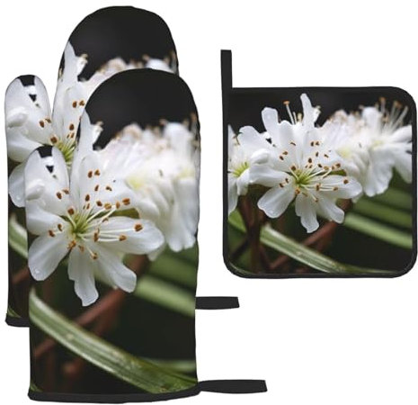 Ofenhandschuhe und Topflappen mit weißem Blumendruck, 3er-Set, Küche, hitzebeständig, rutschfest, wasserdicht, Kochhandschuhe zum Backen, Kochen, Grillen