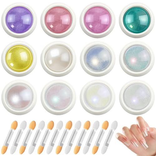Annickee 12 Colors Chrome Nail Powder, Pearl Chrome Nail Powder, Iridescent Aurora Powder Metallic Mirror Effect with 12 Matching Brushes, High Gloss Pearlescent Nail Chrome for Art Design Decoration