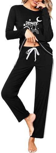 Terecey Ensemble Pyjama Femme Col Rond Manches Longues Haut Imprimé et Pantalon Long Vêtements de Nuit Femme Douce pour la Maison et Le Sommeil Automne Hiver, Noir, M