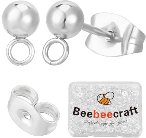 Beebeecraft 1 Scatola da 50 Pezzi di Orecchini A Perno A Sfera da 6mm 925 Orecchini A Perno A Sfera in Acciaio Inossidabile Placcati in Argento Sterling con Passante e 304 Pezzi di Orecchini A