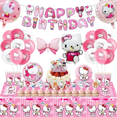 Ki-ty Pappteller Kindergeburtstag Deko, Kit-ty Partygeschirr Set, 90 Stück Kity Geburtstag Deko, Rosa Geburtstagsdeko Mädchen, Luftballon Teller Servietten Tassen Tischdecke Banner Tortendeko