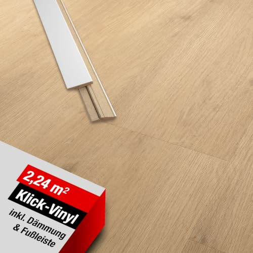 LaminatDEPOT Klick Vinylboden mit Trittschalldämmung & Sockelleiste [2,24 m²] - wasserfester Vinyl Bodenbelag mit Klicksystem - 8 extrabreite Dielen in Holzoptik Eiche [Montreal Oak Nature]